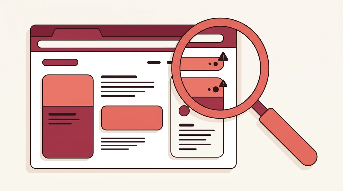Lupă deasupra unui site care scoate în evidență zonele cu probleme dintr-un audit SEO