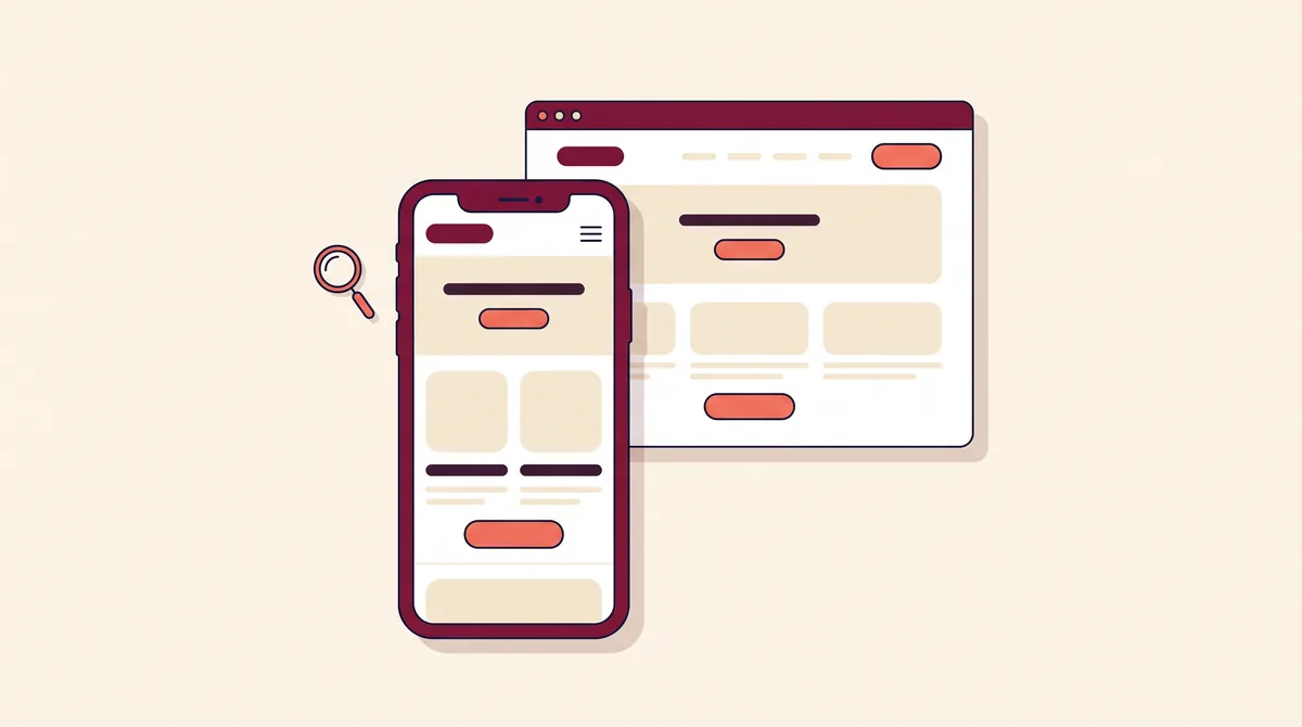 Același site văzut pe telefon și pe desktop, cu telefonul în prim-plan