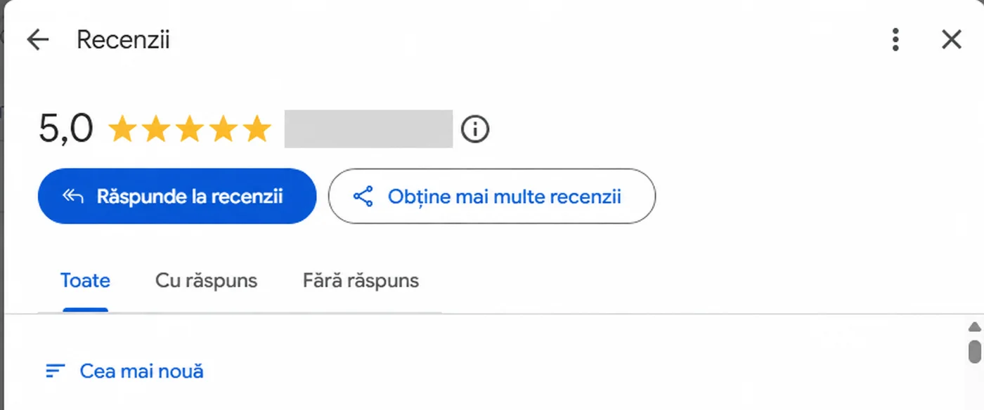 Butonul Obține mai multe recenzii, deasupra listei de evaluări