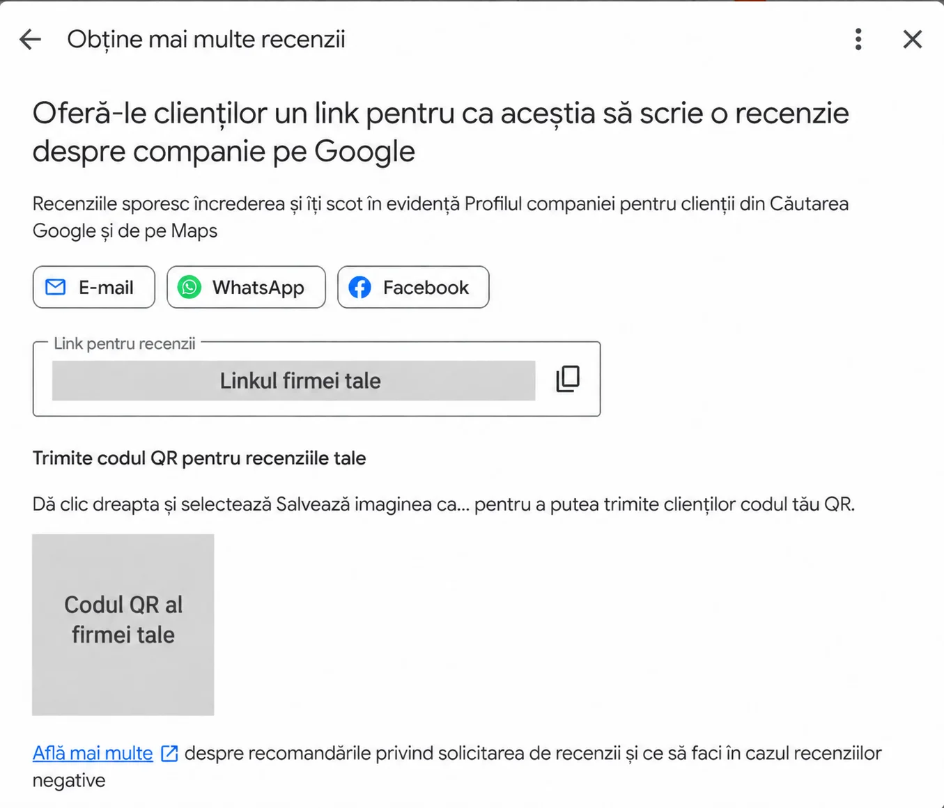 Fereastra cu linkul pentru recenzii și codul QR, cu adresa și codul ascunse