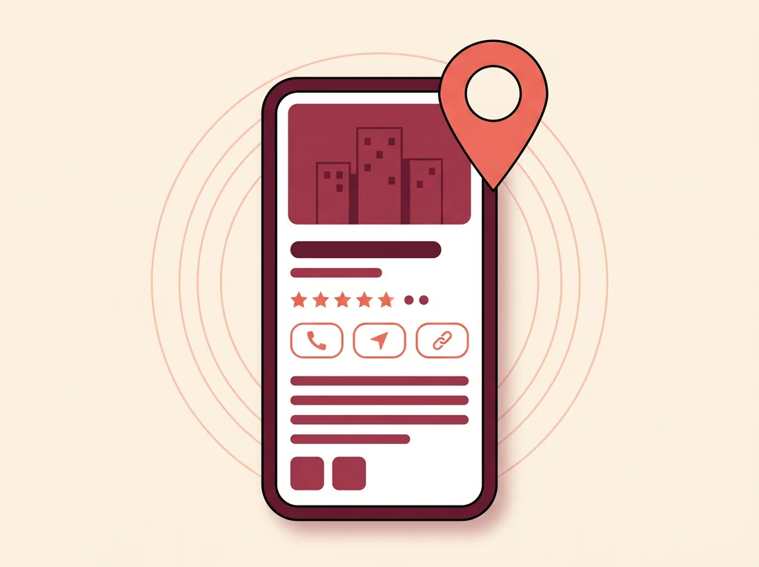 Ilustrație conceptuală a unui profil de companie pe telefon, lângă un pin de locație
