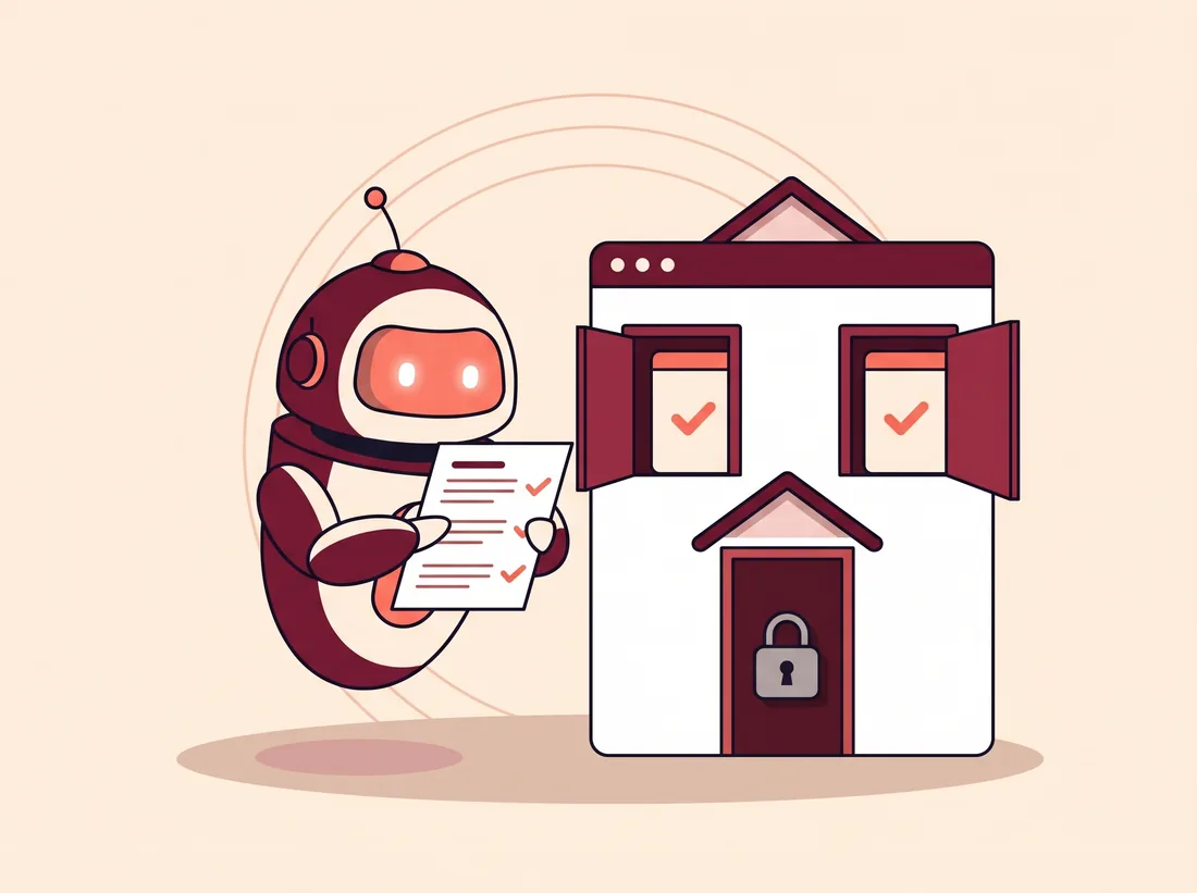 Ilustrație cu un robot bordo care citește o listă de reguli lângă un site desenat ca o casă, cu două ferestre bifate și ușa încuiată