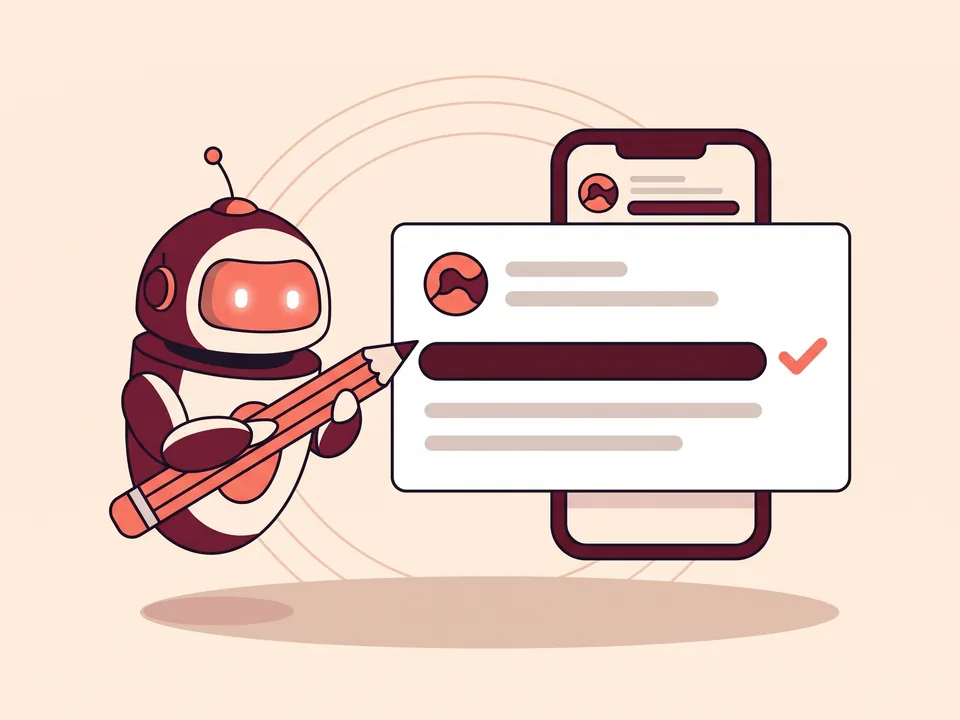 Robotul Marketrix corectează cu un creion titlul unui rezultat de căutare, lângă un telefon cu același rezultat