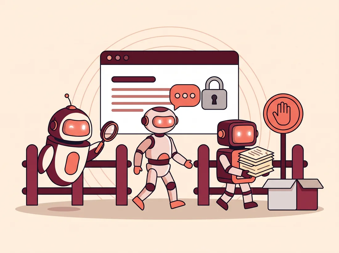 Trei roboți la gardul unui site: unul cu lupă, unul cu balon de chat și unul care cară documente, oprit de un semn cu palma ridicată