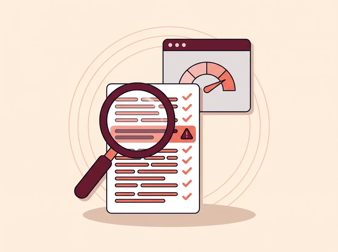 Lupă peste un document cu rânduri bifate și un rând marcat cu semn de avertizare, lângă o fereastră cu un indicator de stare